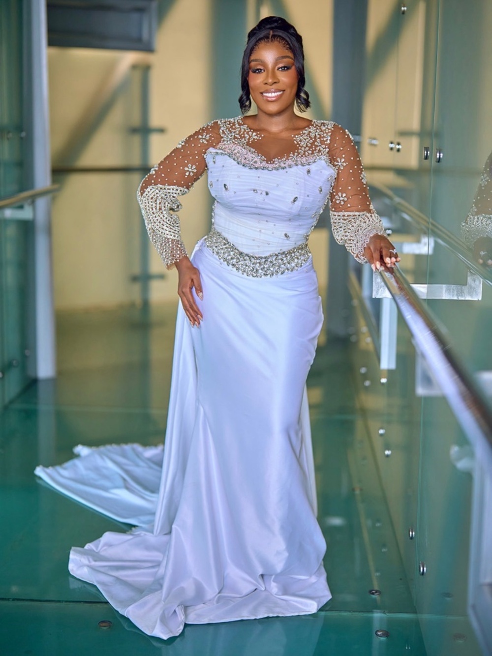 White silk wedding/prom dress with silver embellishments and detachable drape